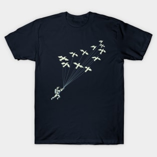 Astronaut Prince Flying With Birds Black and White by Tobe Fonseca T-Shirt